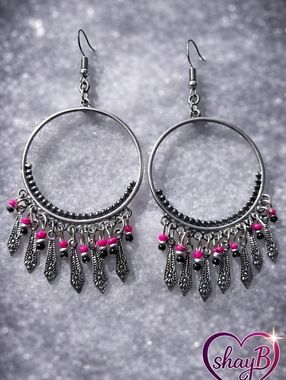 Silver Hoop Earrings with Pink Accent Beads